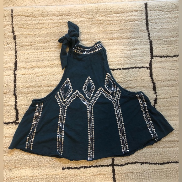 Free People Turquoise Glitter City Tie Neck Tank Top Size Small-Like New - Picture 1 of 4